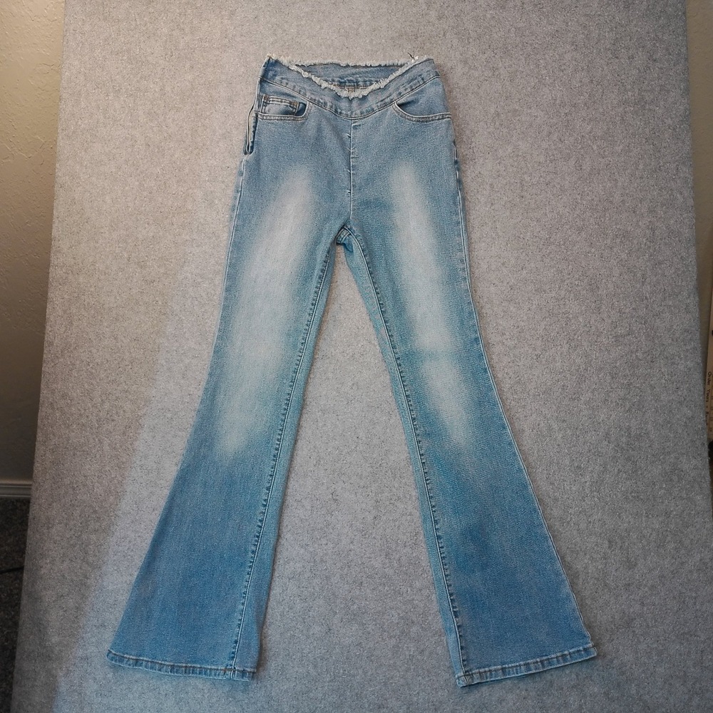 Womens High Waisted Crossover Raw Hem‎ Flare Jeans Light Wash Side Zip Blue